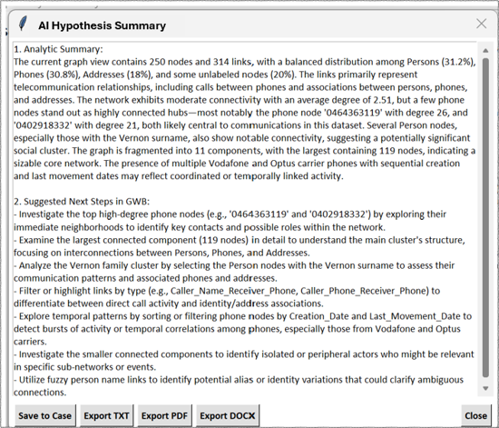 AI Hypothesis Summary showing an analytic summary and suggested next investigative steps
