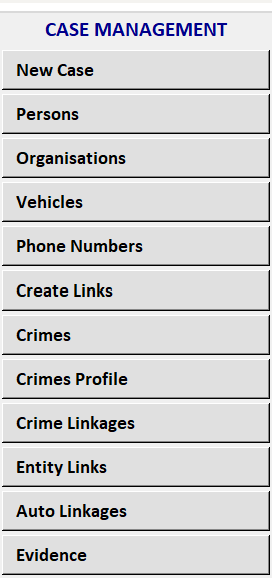 Work Bench Case Management menu showing case entities, links, crimes and evidence