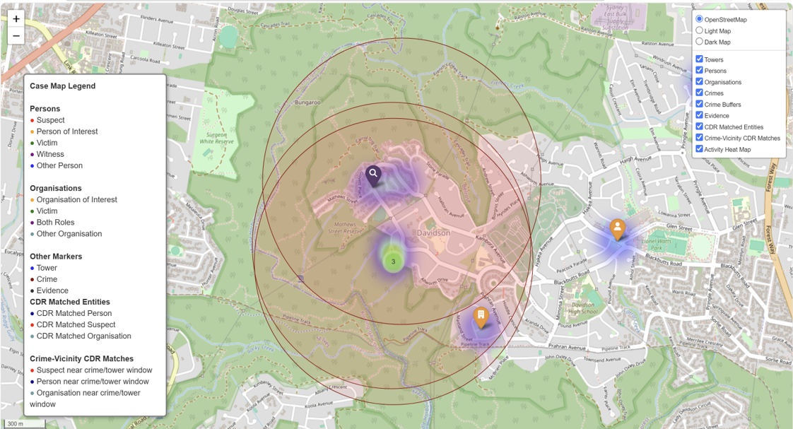 Geospatial intelligence map displaying entities, crime buffers and activity heat maps